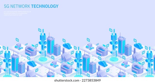 5g network technology concept. Wireless mobile telecommunication service. City buildings with telecommunication towers. Marketing landing template. Isometric vector illustration.