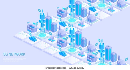 5g network technology concept. Wireless telecommunication service. City buildings with telecommunication towers. Marketing website landing template. Isometric vector illustration.