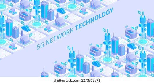 5g network technology concept. Wireless mobile telecommunication service. City buildings Telecommunication towers. Marketing website landing template. Isometric vector illustration.