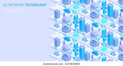 Konzept der 5g-Netztechnologie. Drahtloser mobiler Service. Stadtgebäude mit Fernmeldetürmen. Marketing-Website-Landing-Vorlage. Isometrische Vektorgrafik.