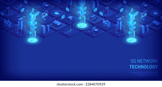 5g network technology concept. Wireless mobile telecommunication service. City buildings with telecommunication towers. Marketing website landing template. Isometric vector illustration.