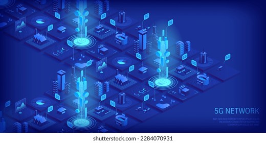 5g network technology concept. Wireless mobile telecommunication service. City buildings with telecommunication towers. Marketing website landing template. Isometric vector illustration.