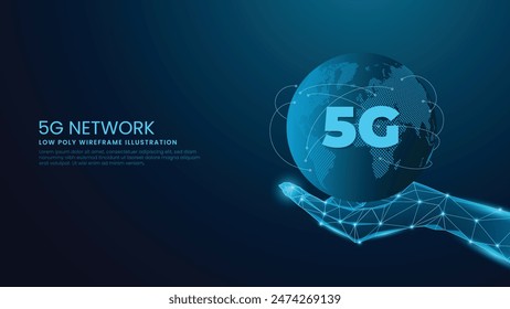 Concepto de red global de redes y Tecnologías 5G. 5G Internet y el globo en la Ilustración vectorial de la estructura de alambre de bajo poli sobre fondo azul tecnológico. 