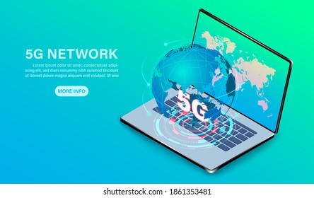 5G network technology high speed on computor laptop.  Isometric flat design vector illustration