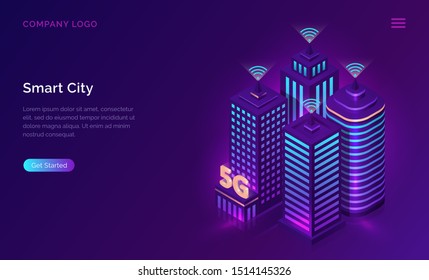 5G network technology, isometric concept vector illustration. Tall city buildings with 5G symbol wireless internet isolated on ultraviolet background. High speed internet web page