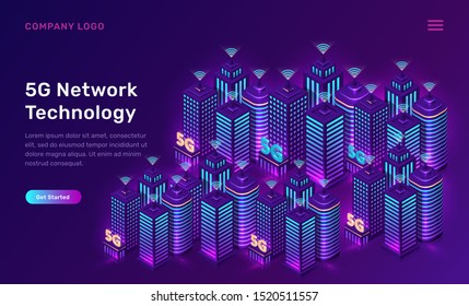 5G network technology, isometric concept vector illustration. Smart city, tall buildings with 5G symbol wireless internet isolated on ultraviolet background. High speed internet web page