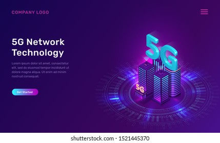 5G network technology, isometric concept vector illustration. Smart city, tall buildings with 5G symbol wireless internet isolated on ultraviolet background. High speed internet web page