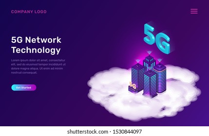 5G network technology, isometric concept vector illustration. Tall city buildings with 5G symbol wireless internet stand on white cloud isolated on ultraviolet background. High speed internet web page
