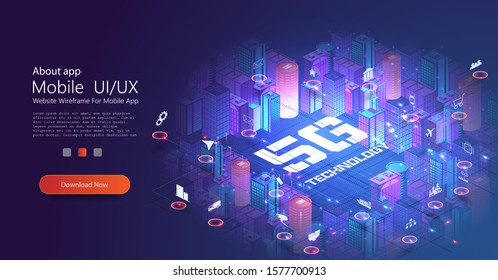 5G network technology, isometric concept. Smart city, tall buildings with 5G symbol wireless internet. Wireless technology isometric composition with city block tall buildings images round icons.