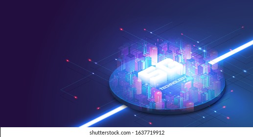 5G network technology, isometric concept vector illustration. Smart city or intelligent building isometric vector concept. Building automation with computer networking. High speed internet web page.