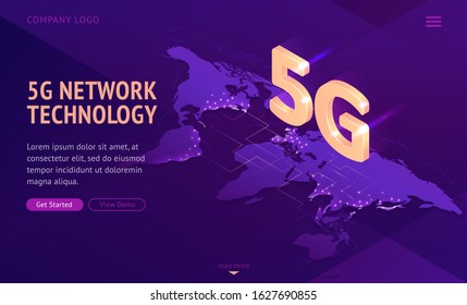 5g network technology isometric landing page. Worldwide wireless mobile telecommunication new generation cell service, internet high-speed connection, 3d vector illustration, web banner template.