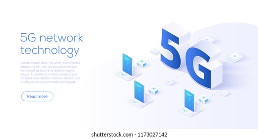 5g Network Technology In Isometric Vector Illustration. Wireless Mobile Telecommunication Service Concept. Marketing Website Landing Template. Smartphone Internet Speed Connection Background.