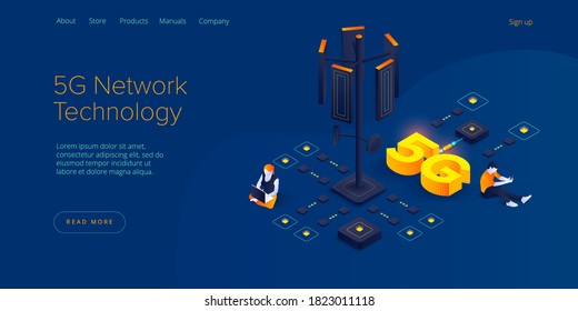 5g network technology in isometric vector illustration. Wireless mobile telecommunication service concept. Marketing website landing template. Smartphone internet speed connection background.