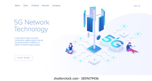 5g Network Technology In Isometric Vector Illustration. Wireless Mobile Telecommunication Service Concept. Marketing Website Landing Template. Smartphone Internet Speed Connection Background.