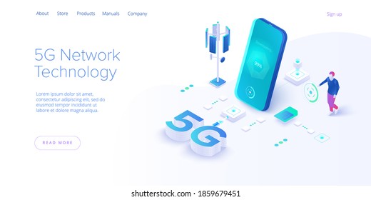 5g network technology in isometric vector illustration. Wireless mobile telecommunication service concept. Marketing website landing template. Smartphone internet speed connection background.