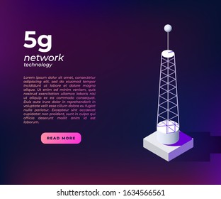 5g Network Technology Poster Concept With Isometric Communication Tower. Landing Page Wireless 5g Network Connection Concept