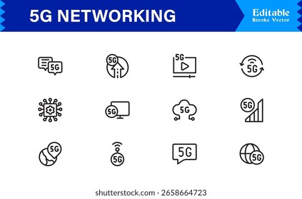 Tecnología de red 5G: Conjunto de iconos de línea de Profesional para conectividad moderna y comunicación inalámbrica