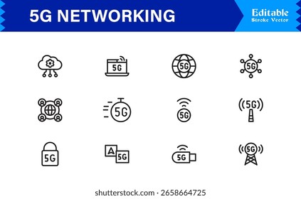 5G Network Technology: Professional Line Icon Set for Modern Connectivity and Wireless Communication