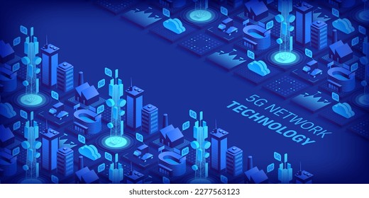 5g network technology. Wireless mobile telecommunication service. City buildings with telecommunication towers. Marketing website landing template. Isometric vector illustration.