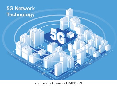 5G network technology. World Wide Web. Telecommunications. Internet, mobile modern connection. Vector image. Isometric. 