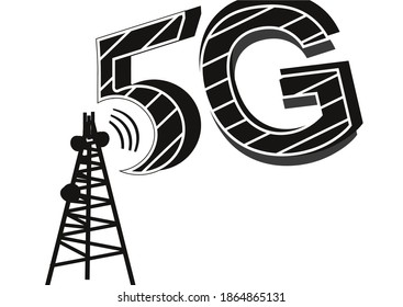 5g network tower clip art. 5g network icon, isolated on white background. 5g internet, vector illustration, black and white color.