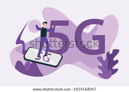 5G network vector concept: Man riding a mobile phone with fast 5G network connection