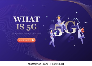 5G Network. Vector header or hero banner template with words WHAT IS 5G and illustrative metaphor with modern people characters in space suits.