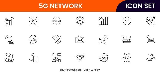 Iconos de línea de Vector de red 5G con torres de señal, datos de alta velocidad, conectividad, teléfonos inteligentes, tecnología inalámbrica, acceso a Internet, cobertura y comunicación moderna.