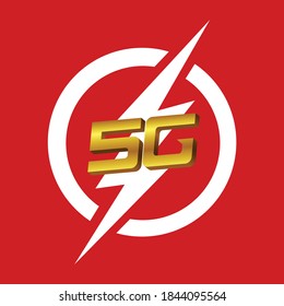 5G network vector logo with 3D text in front of a lightning. Vector illustration on red background