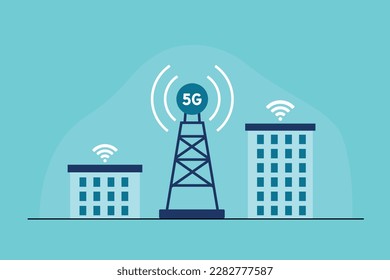 5g network vista over smart city with icons of urban infrastructure skyscrapers. High-speed broadband telecommunications wireless Internet concepts, vector