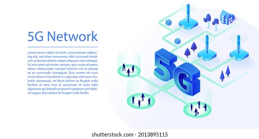 5G network web banner background for the telco industry. 3d isometric vector illustration of 5G telephony and antennas.