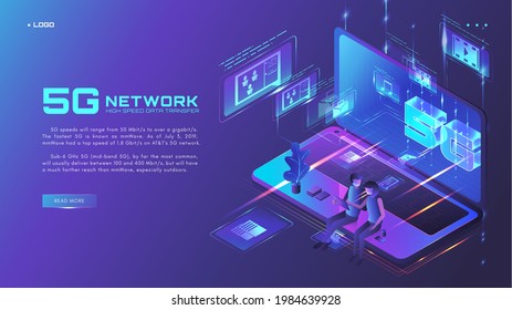 5G network website banner, web page design template, isometric glowing neon vector illustration. High speed data transfer. The fifth generation of wireless technology.