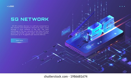 5G Netzwerk-Website-Banner, Web-Design-Vorlage, isometrische leuchtende neonische Vektorgrafik. Die fünfte Generation der drahtlosen Technologie.
