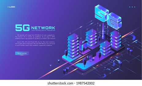 5G network website banner, web page design template, isometric glowing neon vector illustration. High speed data transfer. Smart city. The 5th generation mobile network.