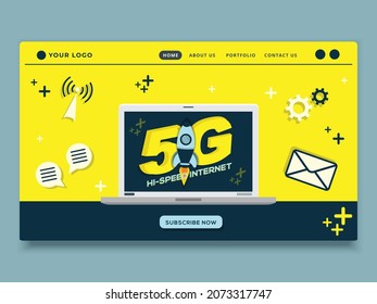 5G network website landing page UI design with technology objects vector illustration