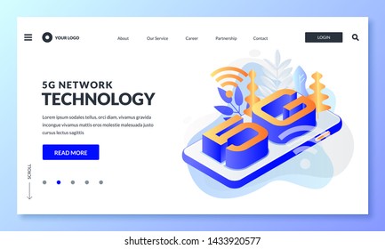 5G network wireless internet technology. Landing page, web banner design layout. Smartphone with letters 5g, vector 3d isometric illustration. High-speed mobile internet connection business concept.