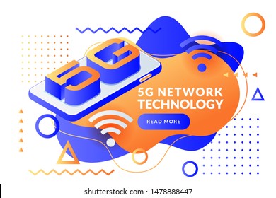 5G network wireless internet technology poster, banner design template. Smartphone with letters 5g, vector 3d isometric illustration. High-speed mobile internet connection modern business concept.