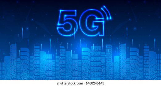 5G network wireless internet Wi-fi connection and internet of things with modern city skyline. Smart city and communication network concept. High speed, broadband telecommunication. vector design.