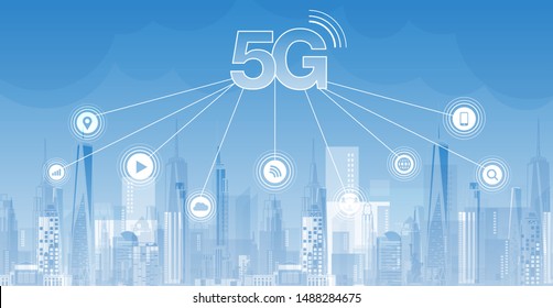 5G network wireless internet Wi-fi connection and internet of things with modern city skyline. Smart city and communication network concept. High speed, broadband telecommunication. vector design.