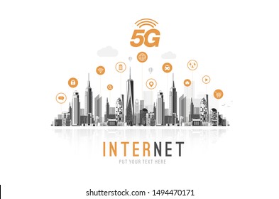 5G network wireless internet Wi-fi connection. Smart city and communication network concept. High speed, broadband telecommunication. vector design.