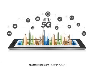 5G network wireless internet Wi-fi connection. Smart city and communication network concept. High speed, broadband telecommunication. vector design.