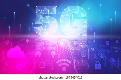 5G network wireless internet Wi-fi connection abstract background concept, Digital technology banner pink blue background binary code, abstract tech big data communication, High speed broadband vector