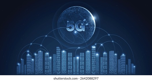 5G network wireless internet Wi-fi connection and internet of things with modern city skyline. Smart city and communication network concept. High speed, broadband telecommunication. vector design.