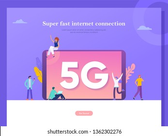 5G network wireless system wifi connection vector illustration concept. group of people having fun on social media, can use for, landing page, template, ui, web, homepage, poster, banner, flyer