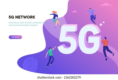 5G network wireless system wifi connection vector illustration concept. group of people having fun on social media, can use for, landing page, template, ui, web, homepage, poster, banner, flyer