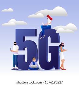 5G network wireless system wifi connection vector illustration concept. group of people having fun on social media, can use for, landing page, template, ui, web, homepage, poster, banner, flyer