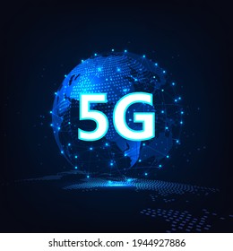 5G network wireless systems concept.5G symbol on world 3D wireless Internet network connection Information technology Illustration.Concept of future technology network.