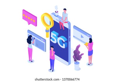 Sistemas inalámbricos de red 5G, concepto isométrico de Internet móvil de alta velocidad. Ilustración del vector