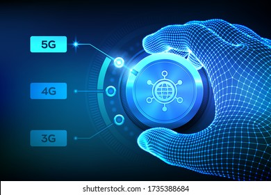 5G network wireless systems and internet of things. Wireframe hand turning the mobile network selector button to the next 5G generation. Telecommunication standards concept. Vector illustration.