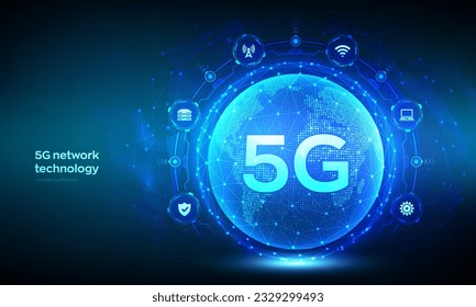 5G-Netzwerk drahtlose Systeme und Internet der Dinge Technologie Konzept. Intelligentes Stadt- und Kommunikationsnetz. WLAN-Internetanschluss mit 5G-Technik. Erdatmosphäre weltweit. Vektorgrafik.